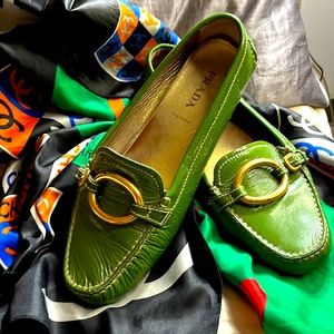 Prada loafers made in Italy, green and gold size 10